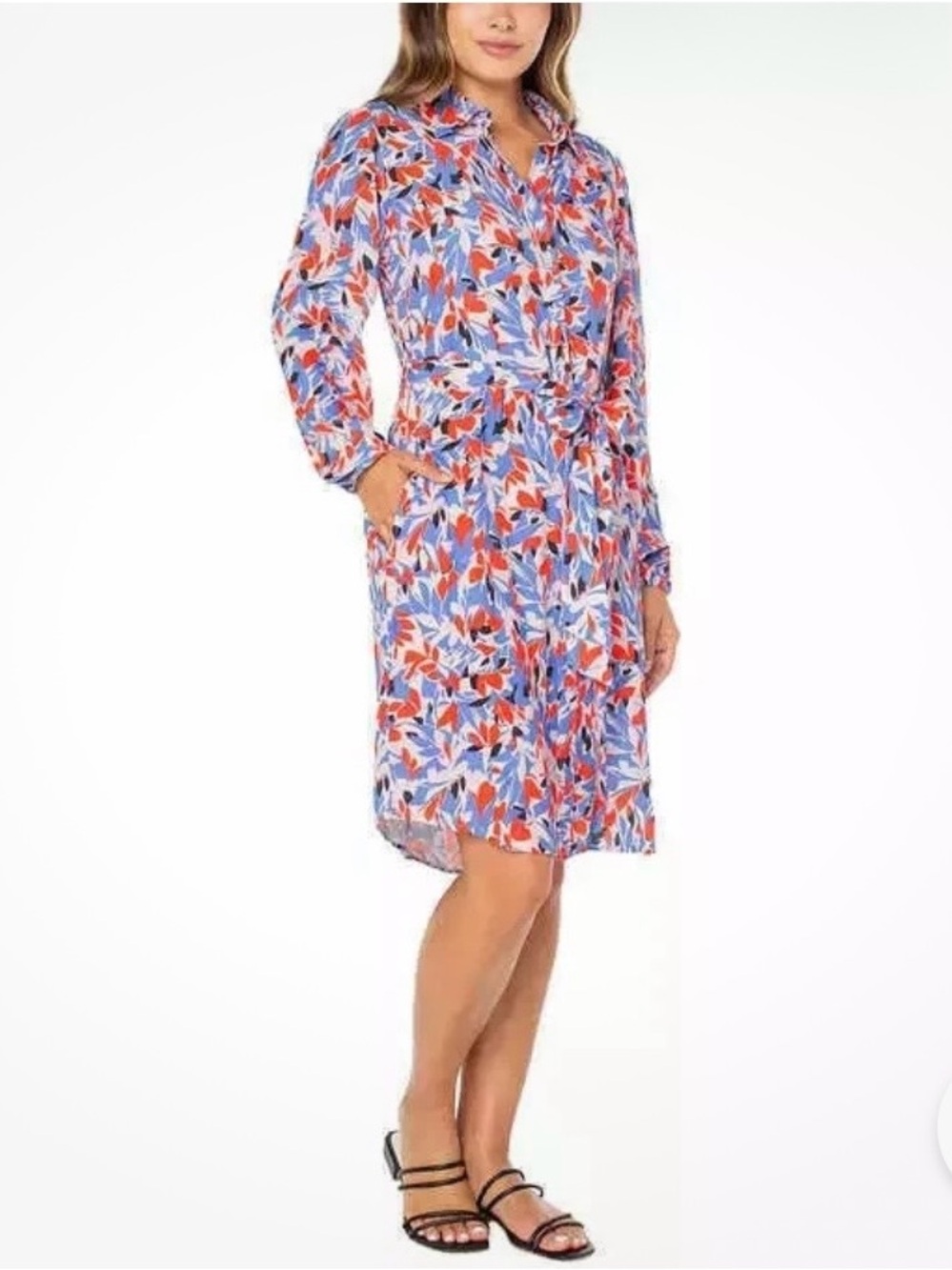 Well Worn Floral Tie-Waist Long Sleeve Shirt Dress in Blue & Red M